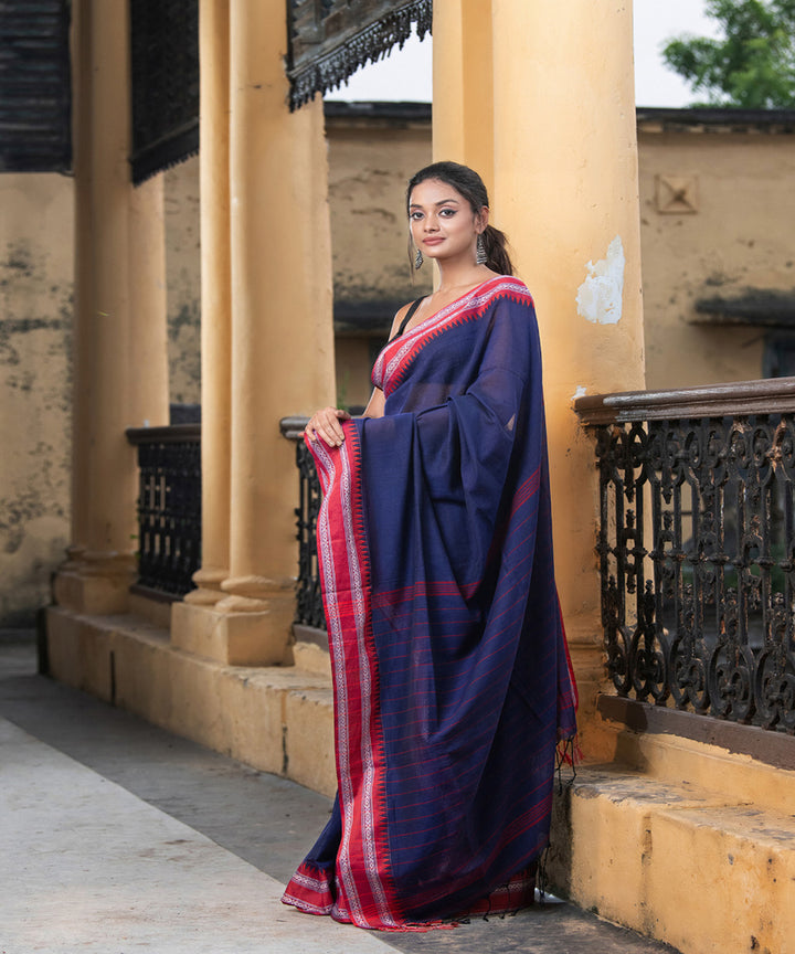 Cobalt blue cotton stripes pallu handloom saree