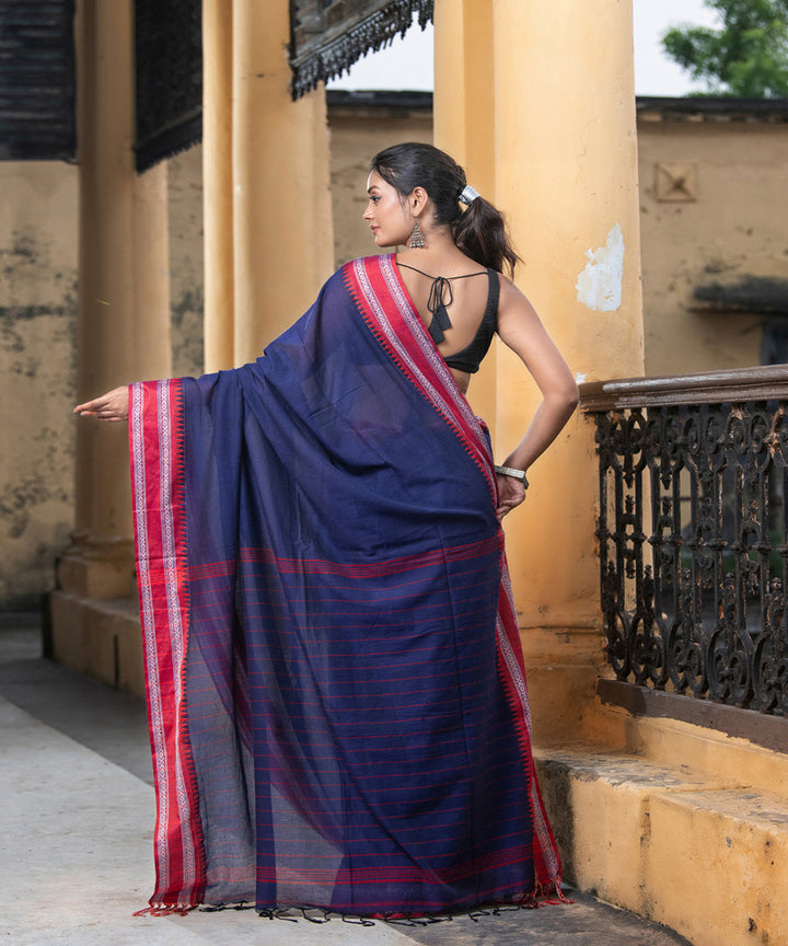 Cobalt blue cotton stripes pallu handloom saree