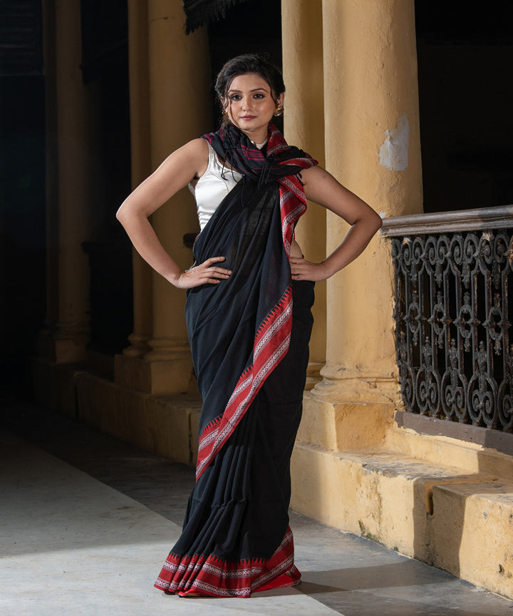 Black cotton stripes pallu handloom saree
