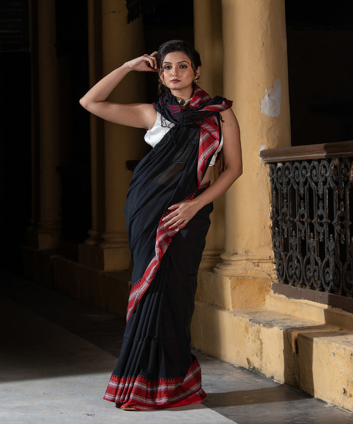 Black cotton stripes pallu handloom saree