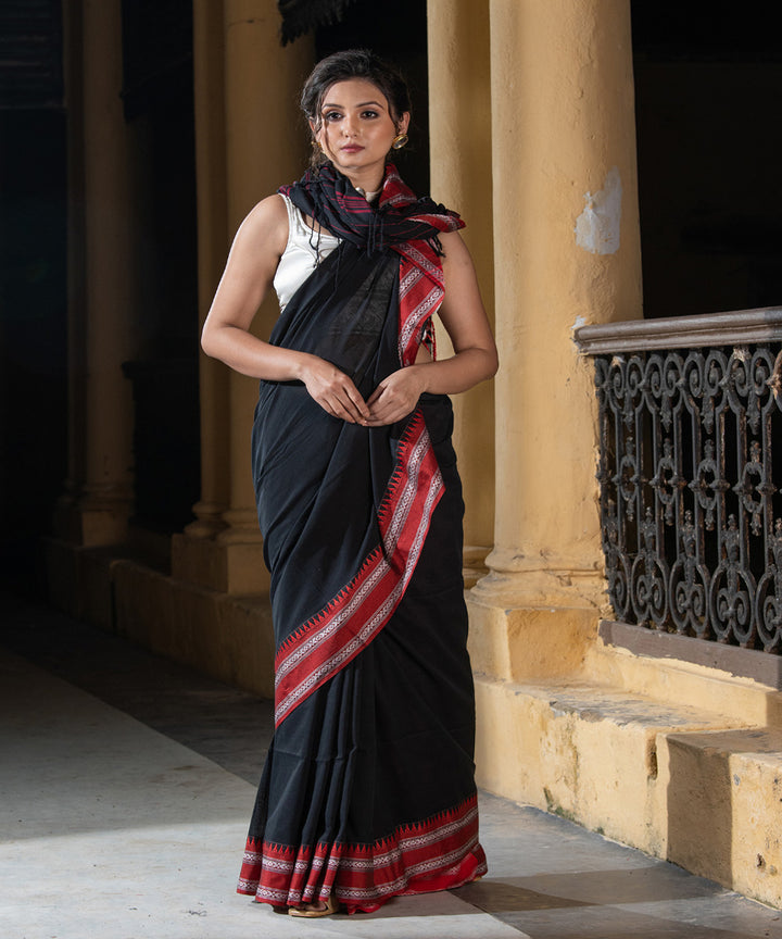 Black cotton stripes pallu handloom saree