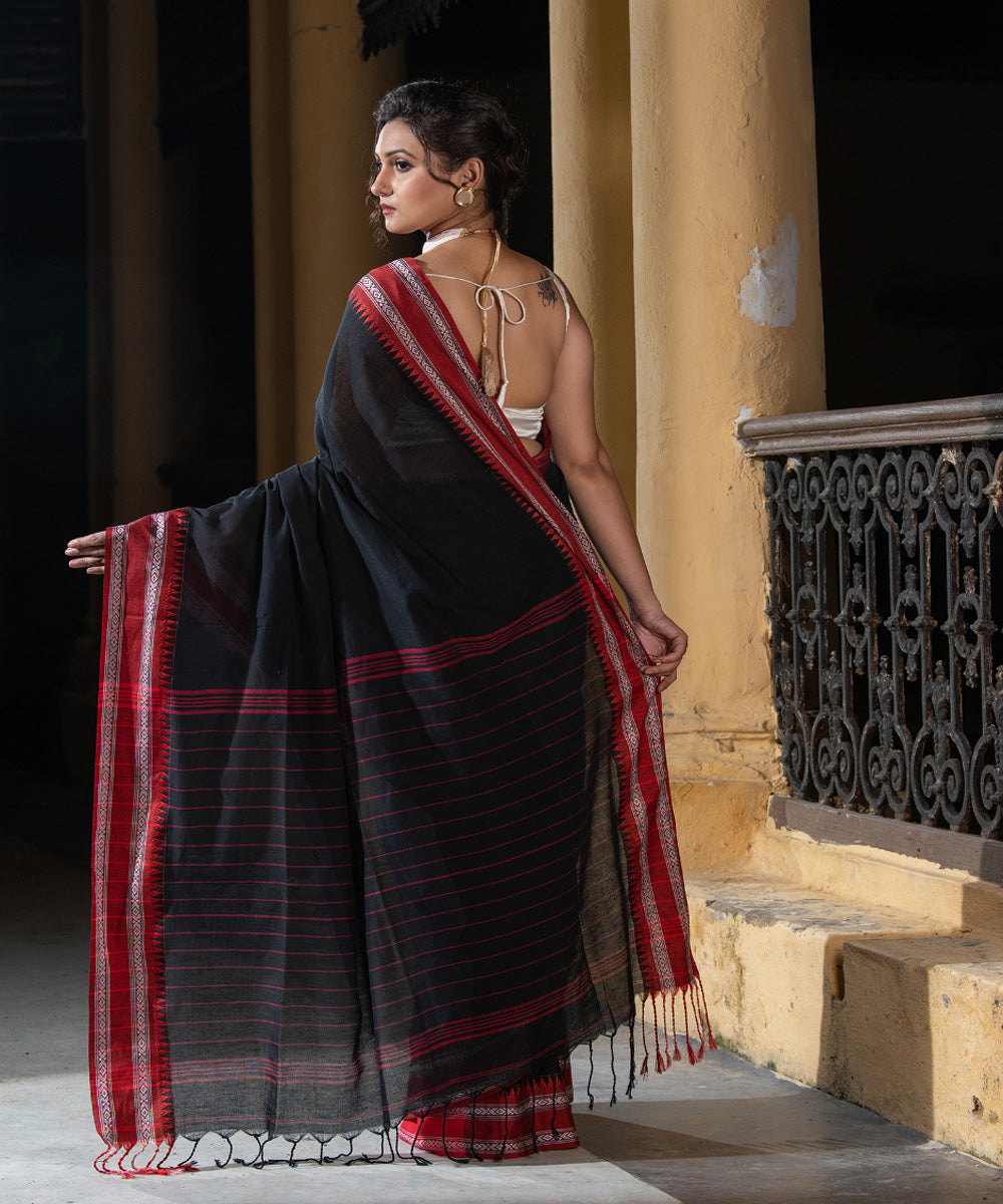 Black cotton stripes pallu handloom saree