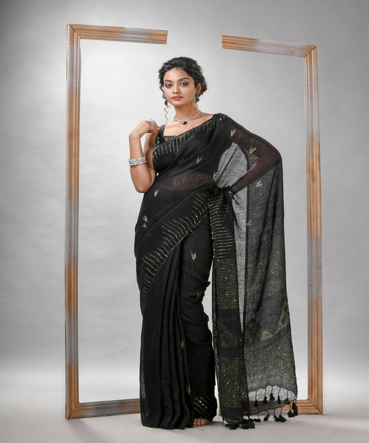 Black linen sequin handloom bengal saree