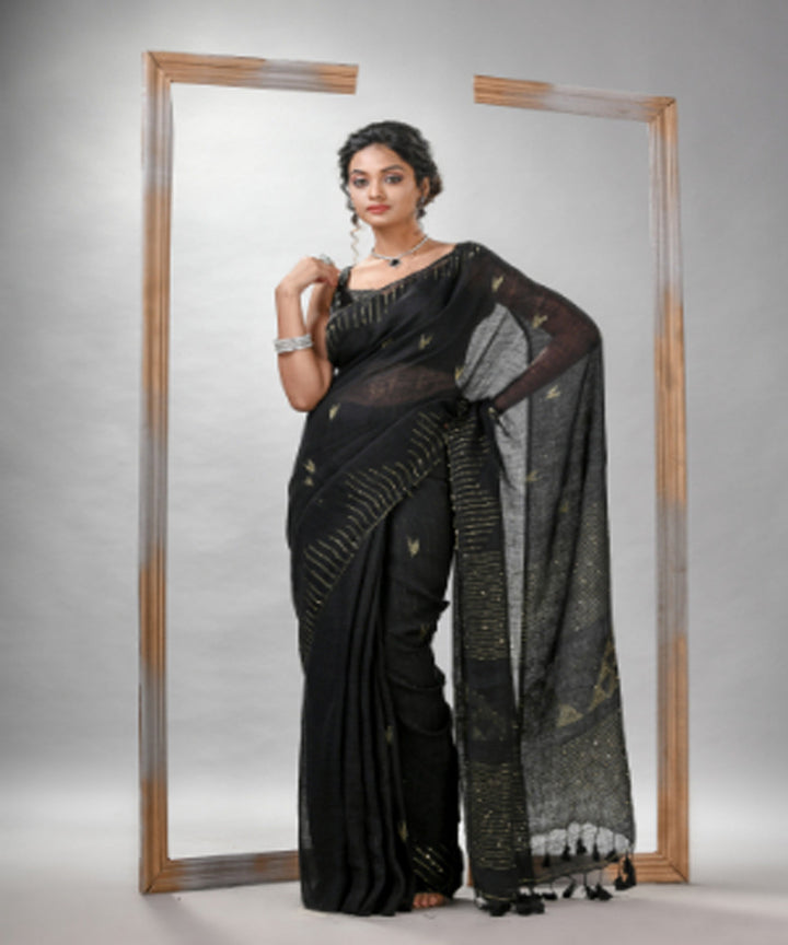 Black hand loom bengal linen saree