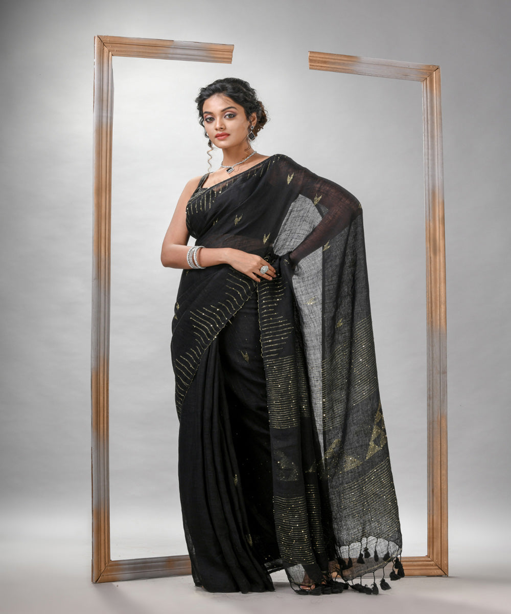 Black linen sequin handloom bengal saree