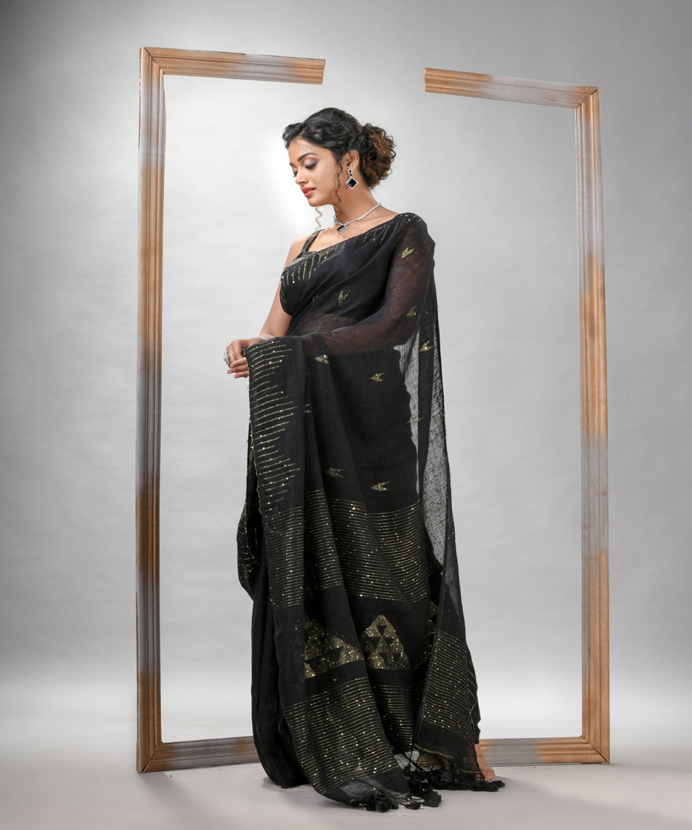 Black linen sequin handloom bengal saree