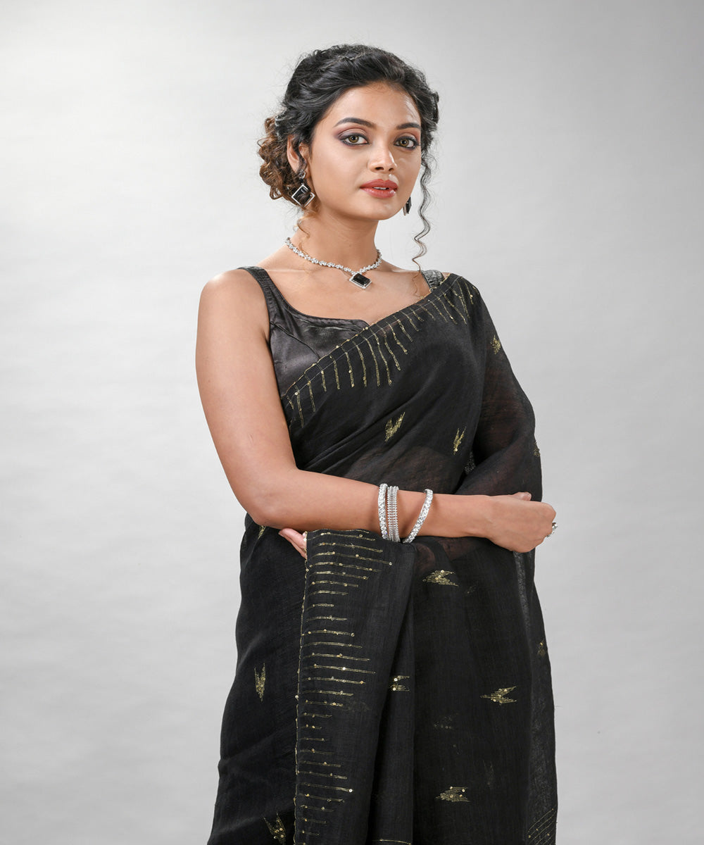 Black linen sequin handloom bengal saree