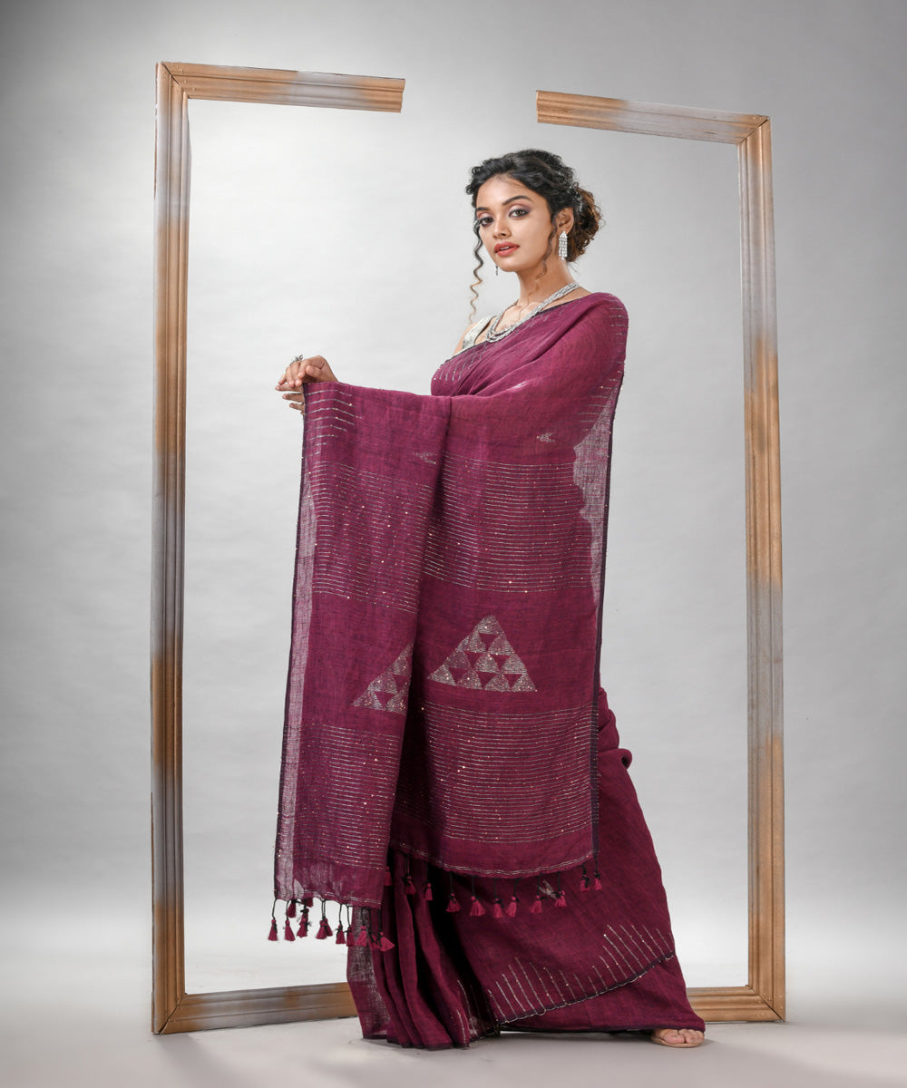 Plum purple linen sequin handloom bengal saree