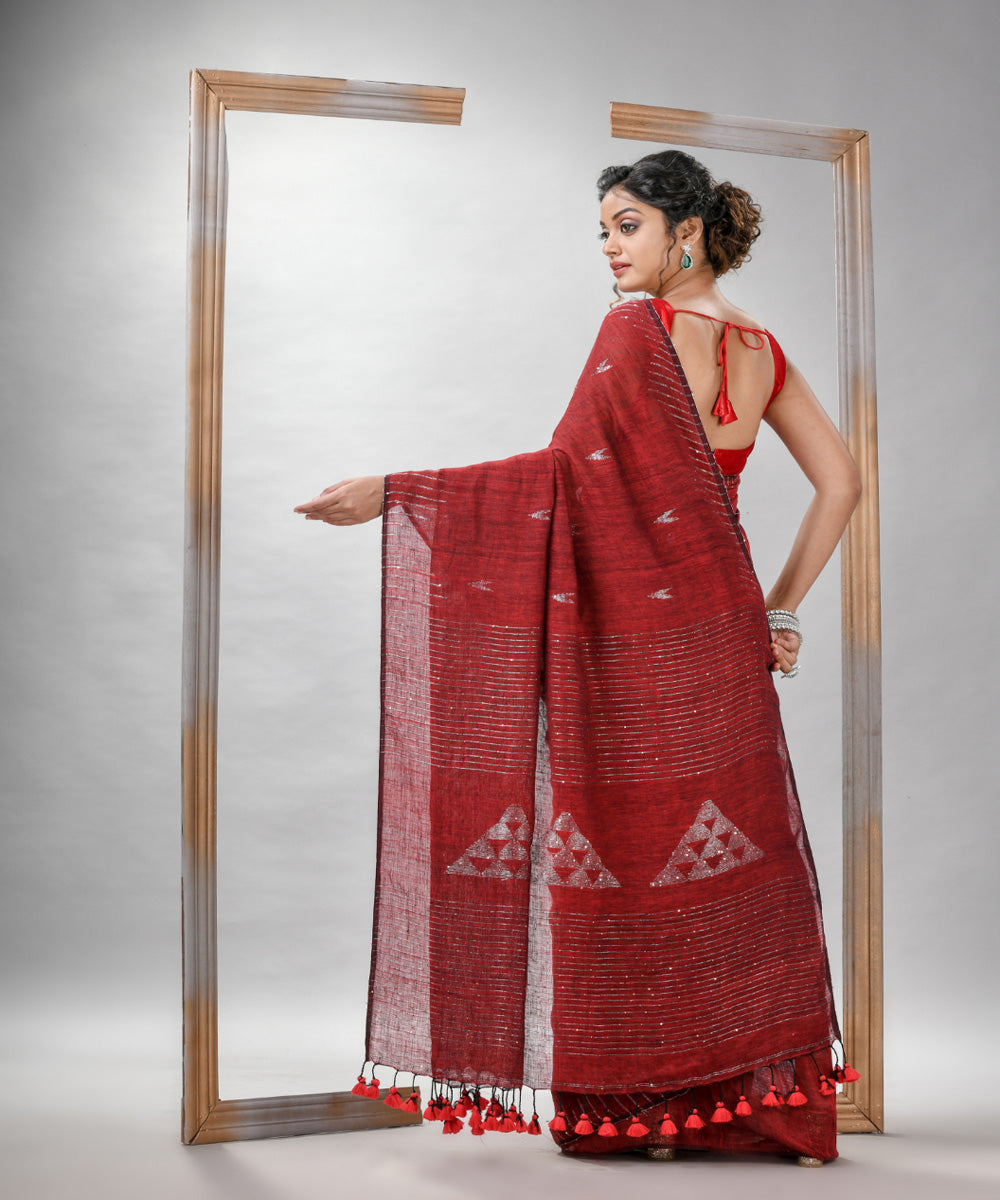 Red linen sequin bengal handloom saree