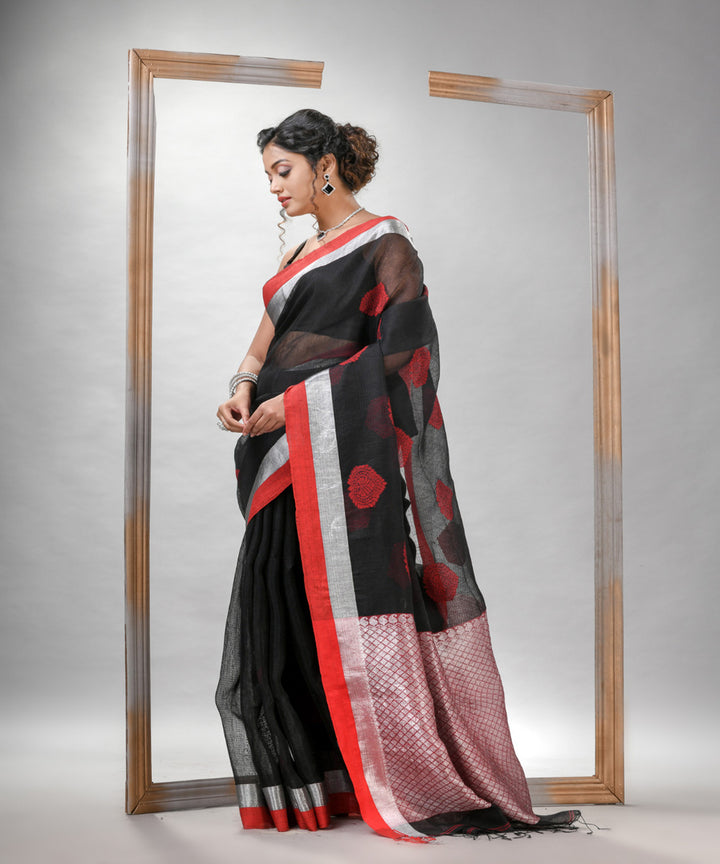 Black red silk linen handloom bengal saree