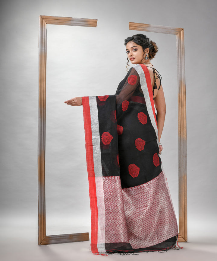 Black red silk linen handloom bengal saree