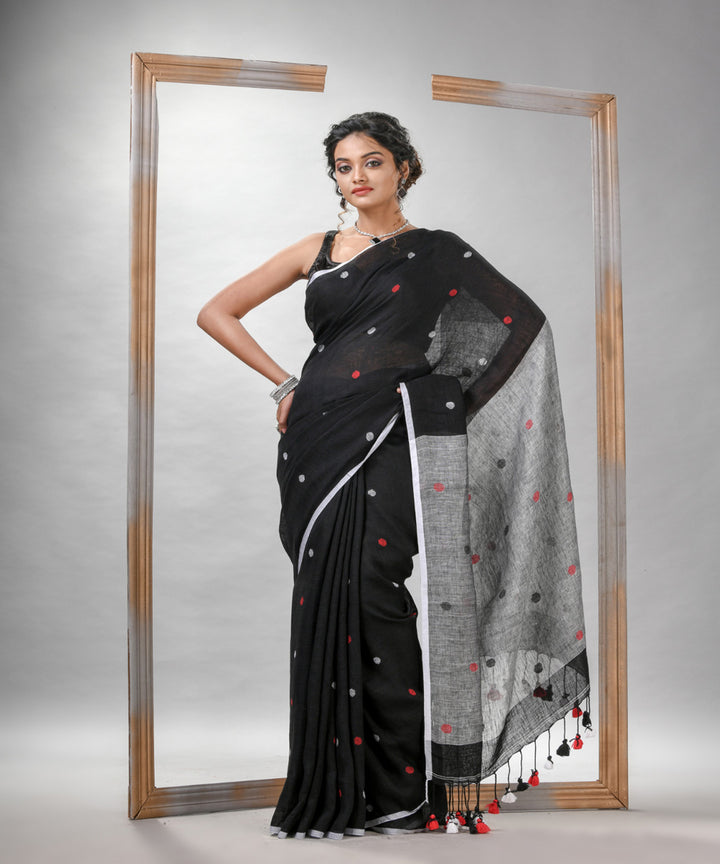 Black grey linen handloom bengal saree