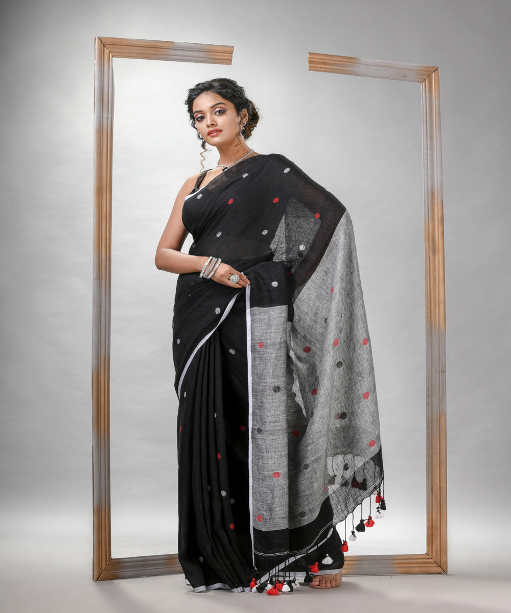 Black grey linen handloom bengal saree