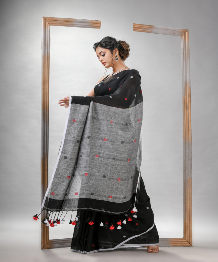 Black grey linen handloom bengal saree