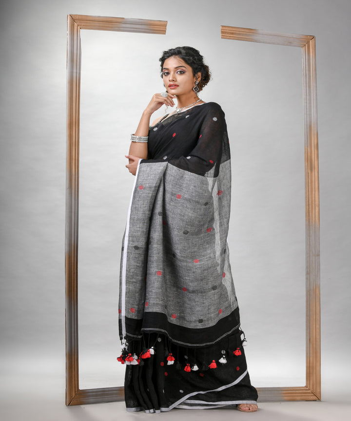 Black grey linen handloom bengal saree