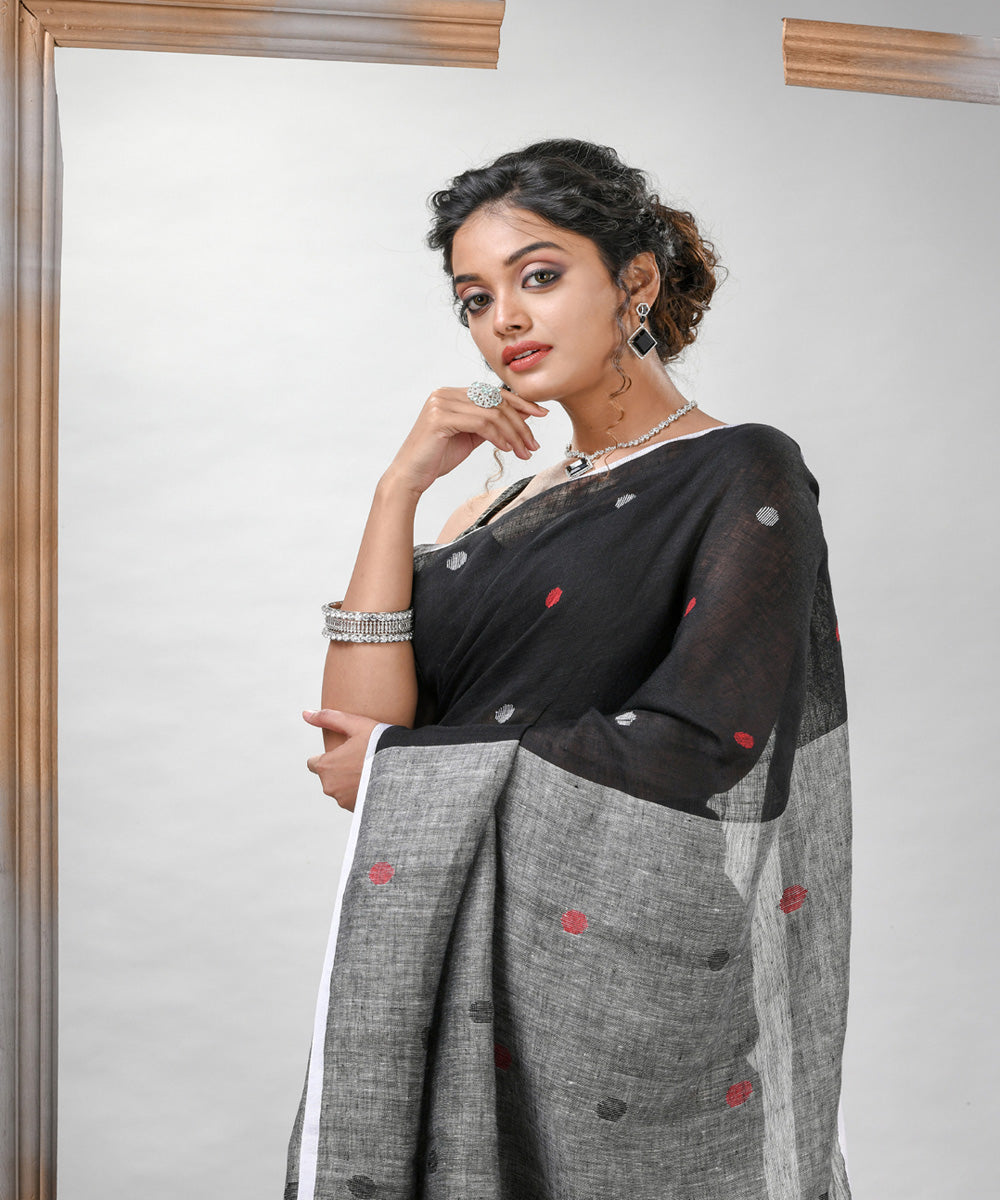 Black grey linen handloom bengal saree