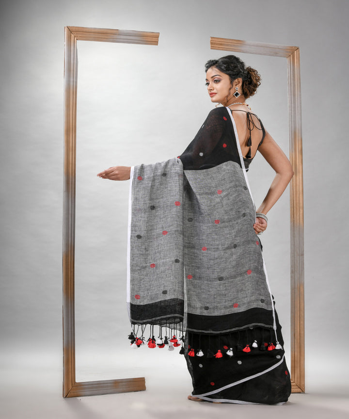 Black grey linen handloom bengal saree