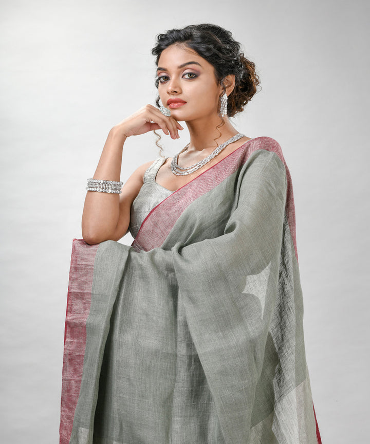 Sage green linen handloom bengal saree