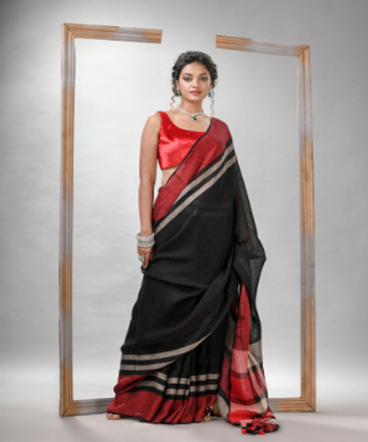 Black red bengal linen handloom saree