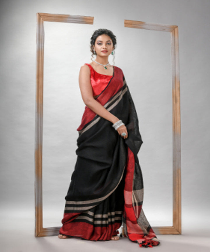 Black red bengal linen handloom saree
