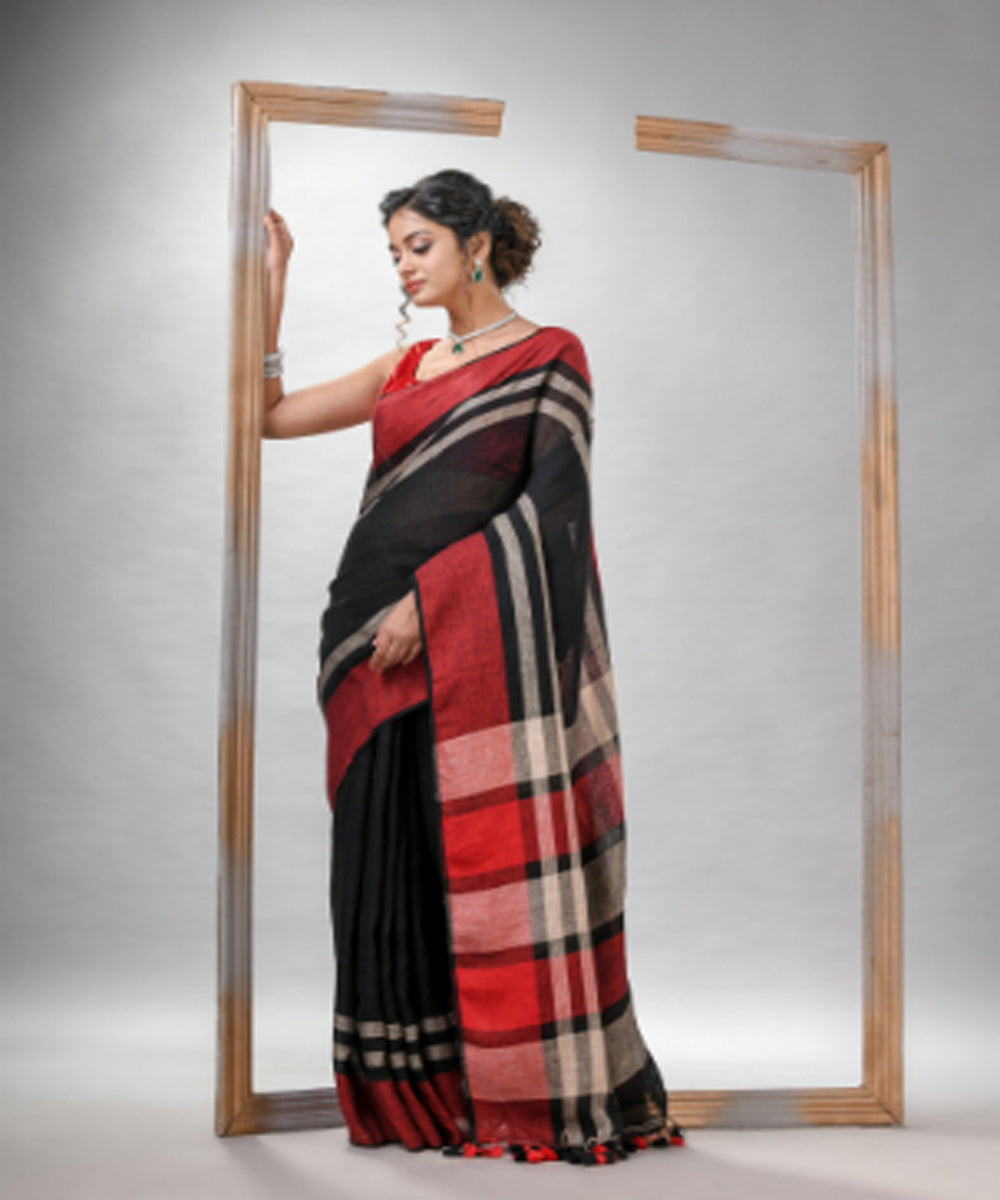 Black red bengal linen handloom saree
