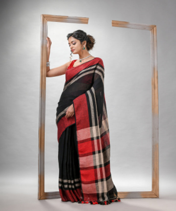 Black red bengal linen handloom saree