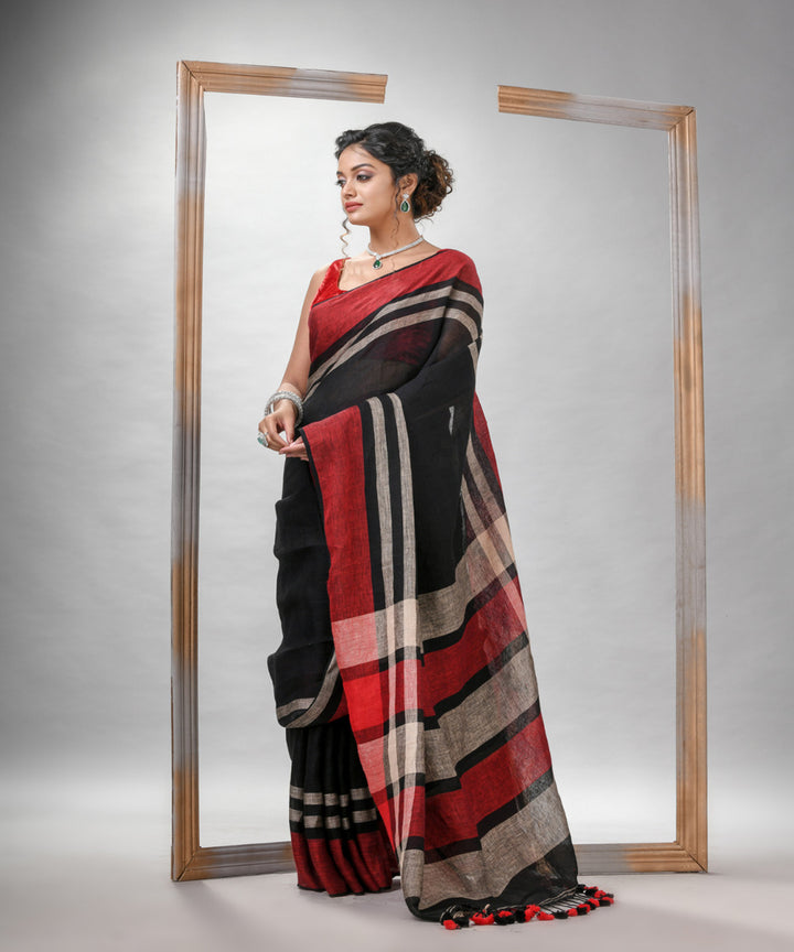 Black multicolour linen bengal handwoven saree