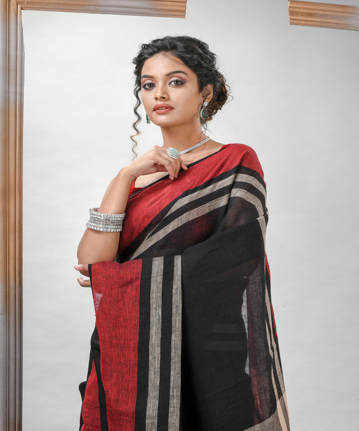 Black multicolour linen bengal handwoven saree