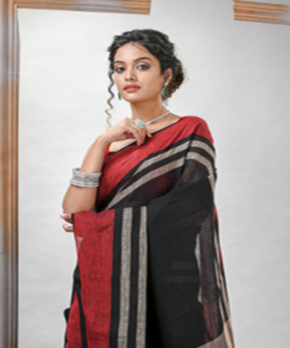 Black red bengal linen handloom saree