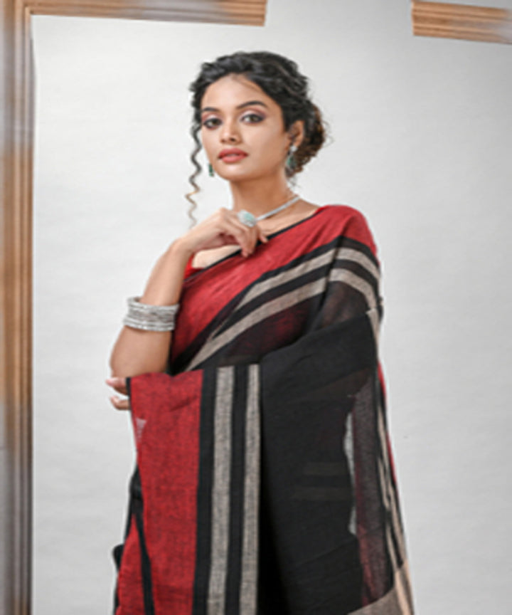 Black red bengal linen handloom saree