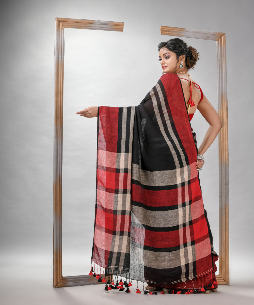 Black multicolour linen bengal handwoven saree