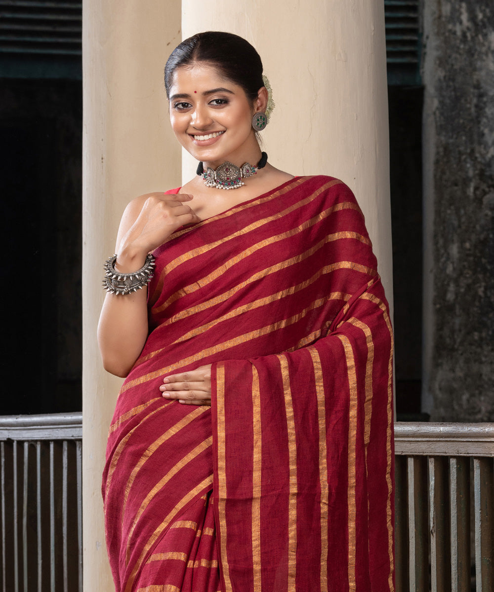 Maroon yellow striped handloom bengal linen saree