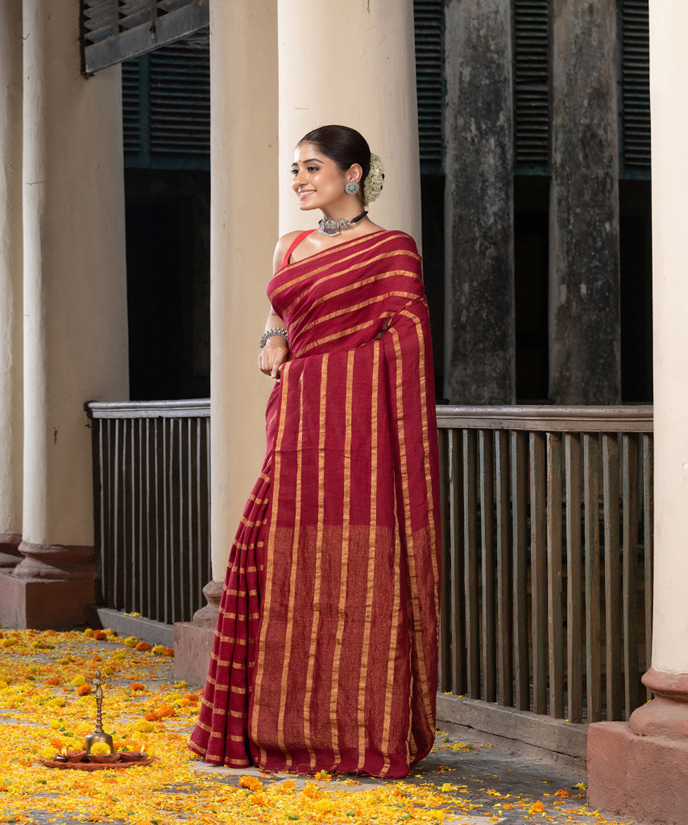 Maroon yellow striped handloom bengal linen saree