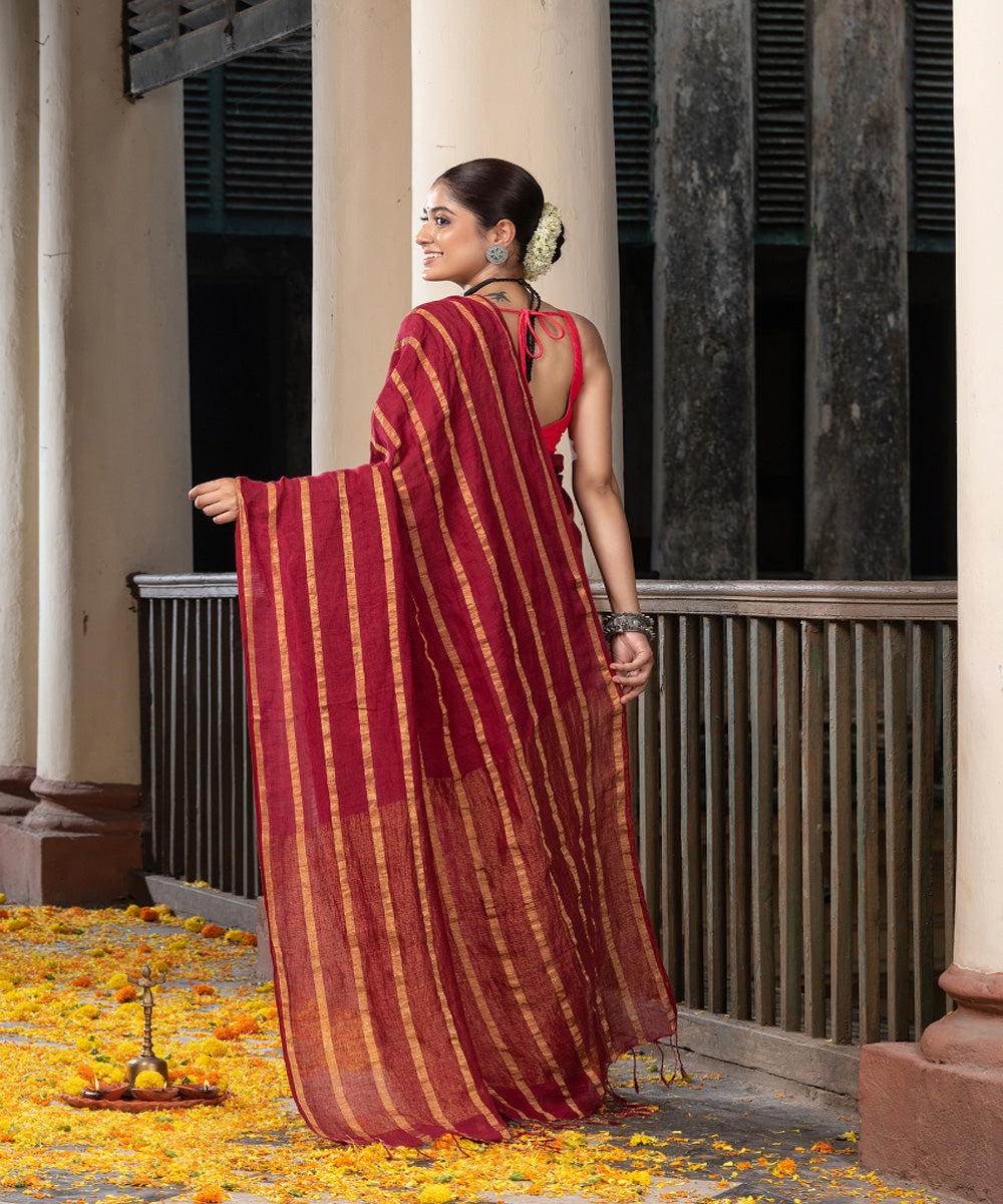 Maroon yellow striped handloom bengal linen saree
