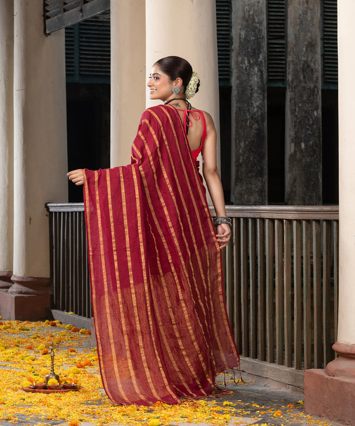 Maroon yellow striped handloom bengal linen saree