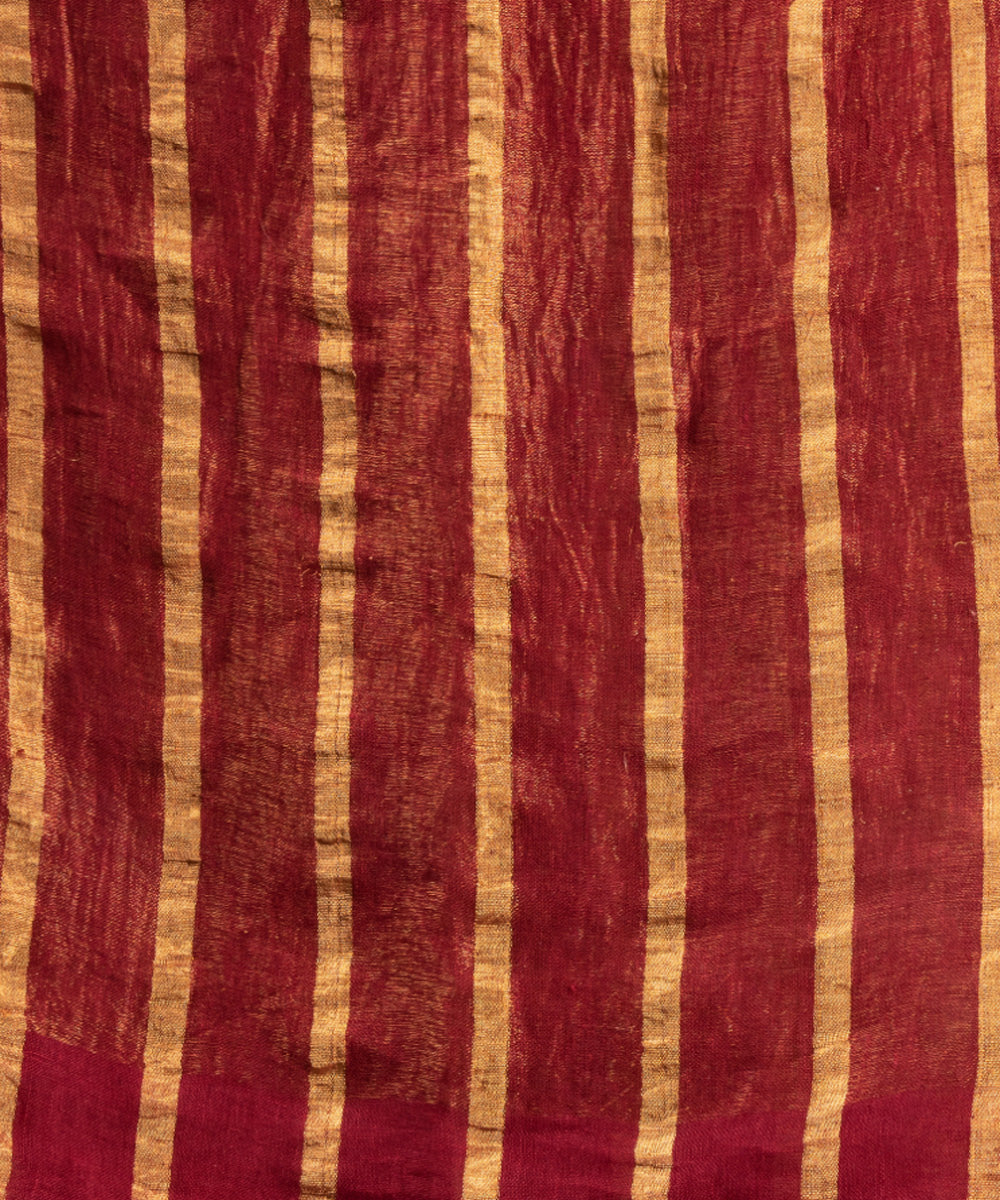 Maroon yellow striped handloom bengal linen saree