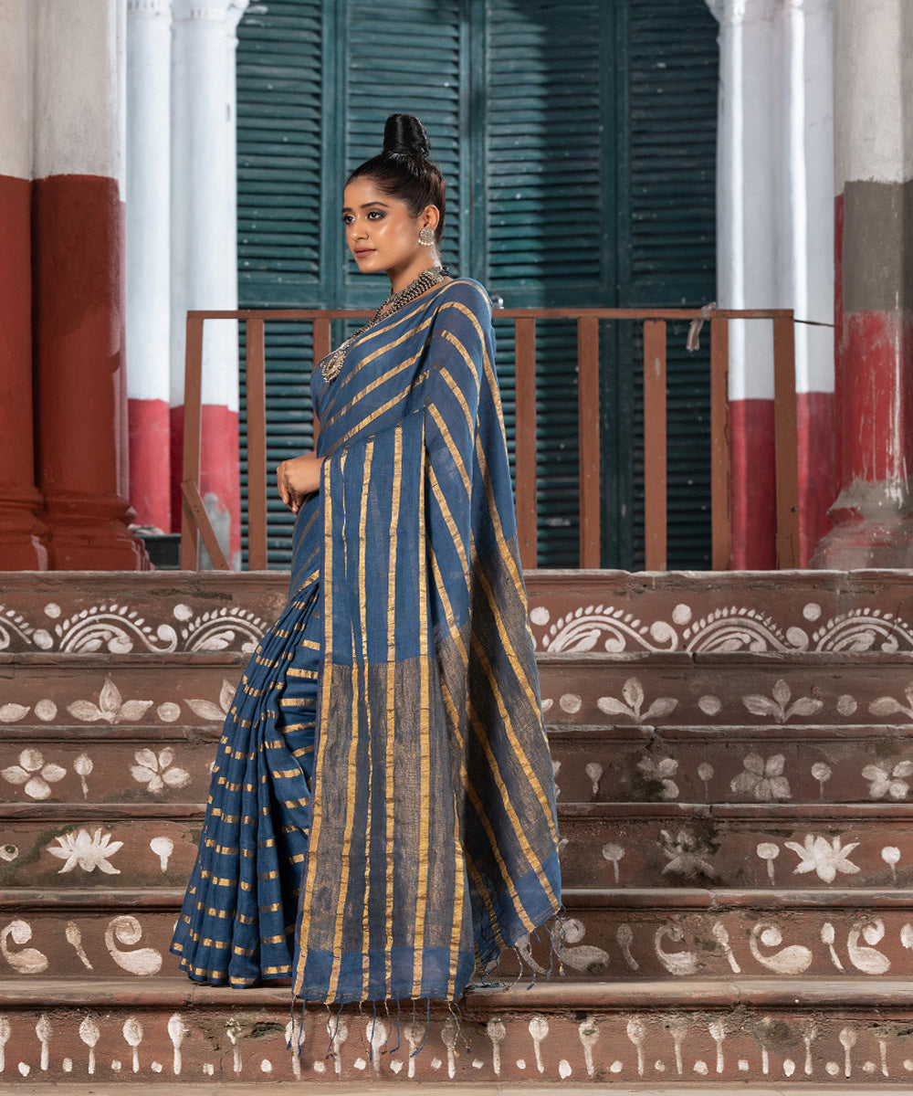 Blue yellow striped handloom bengal linen saree