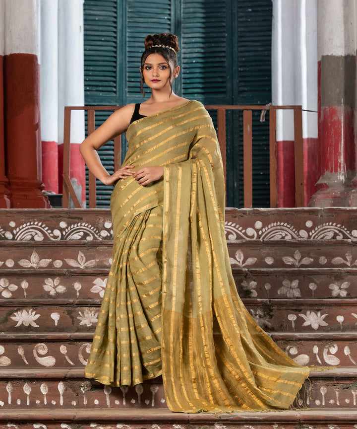 Moss green handloom bengal linen saree