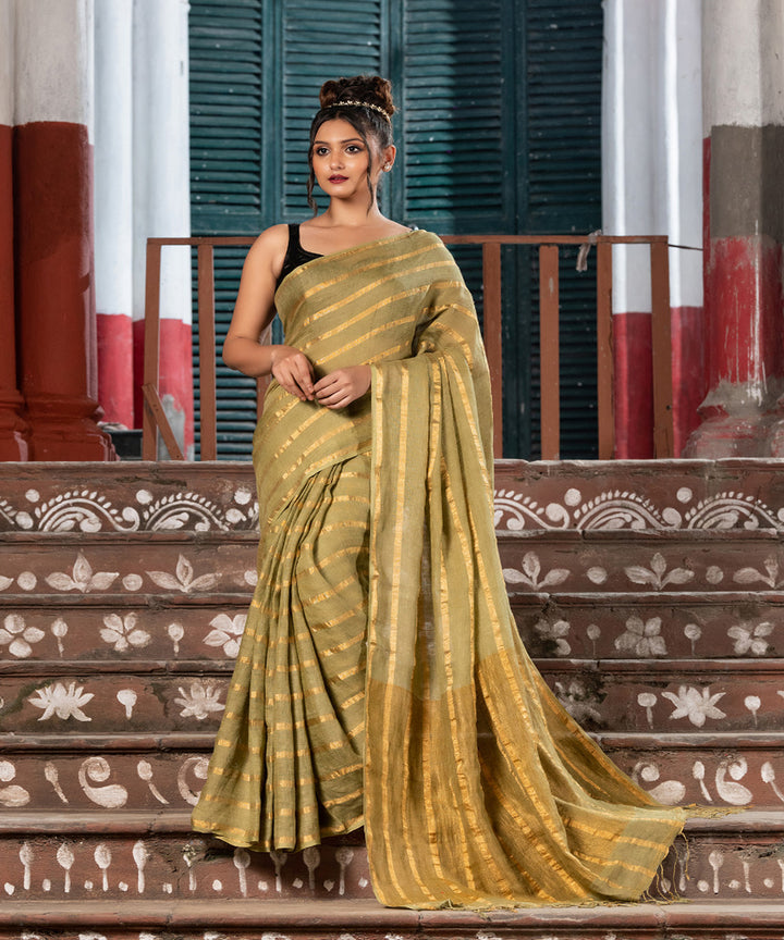 Moss green handloom bengal linen saree