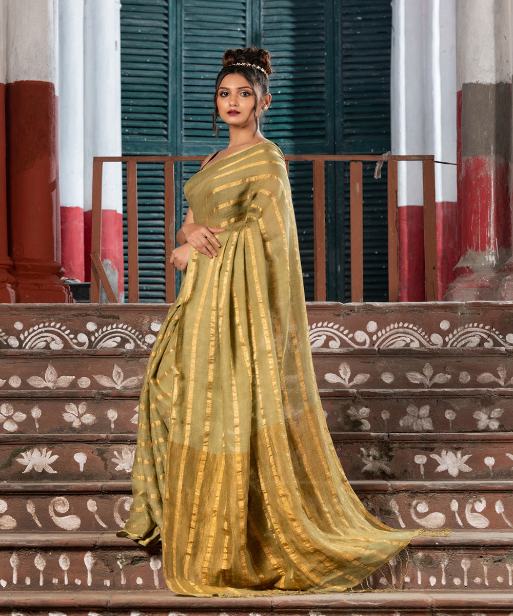 Moss green handloom bengal linen saree