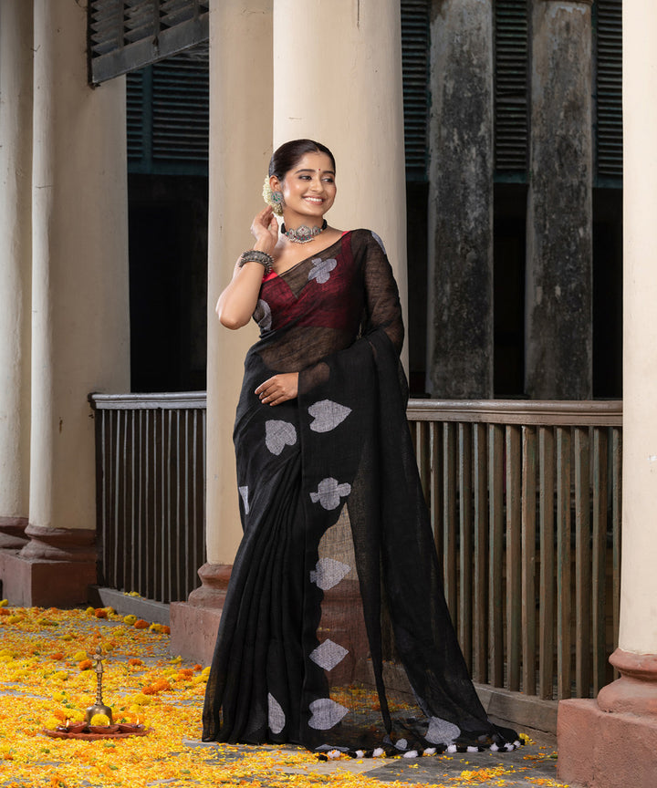 Black white linen handwoven bengal saree