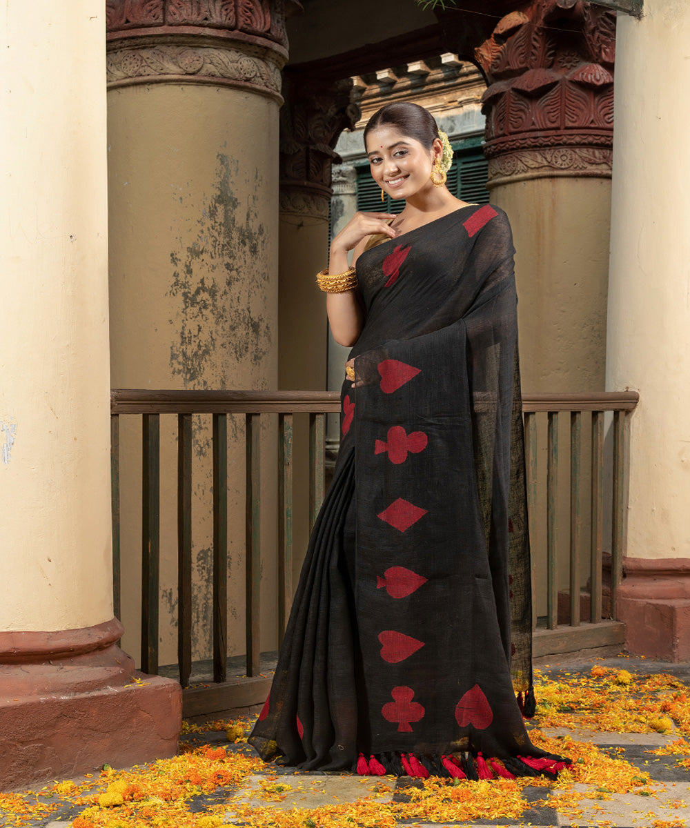 Black red linen handwoven bengal saree