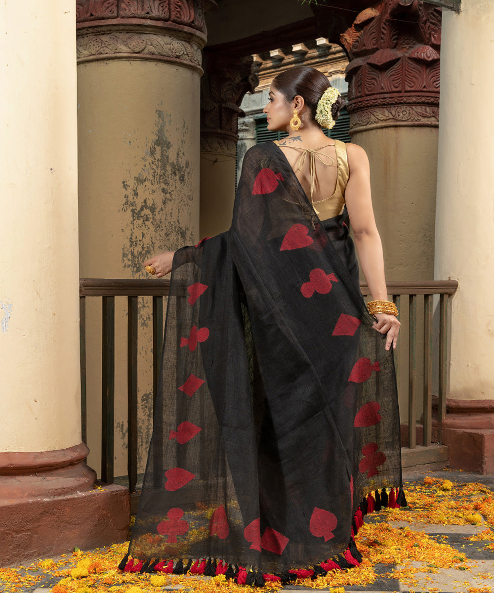 Black red linen handwoven bengal saree