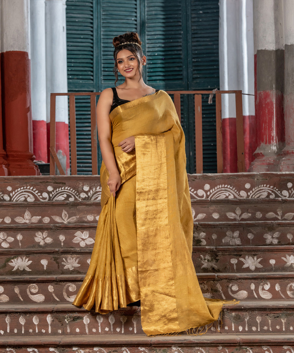 Gold linen handloom bengal saree