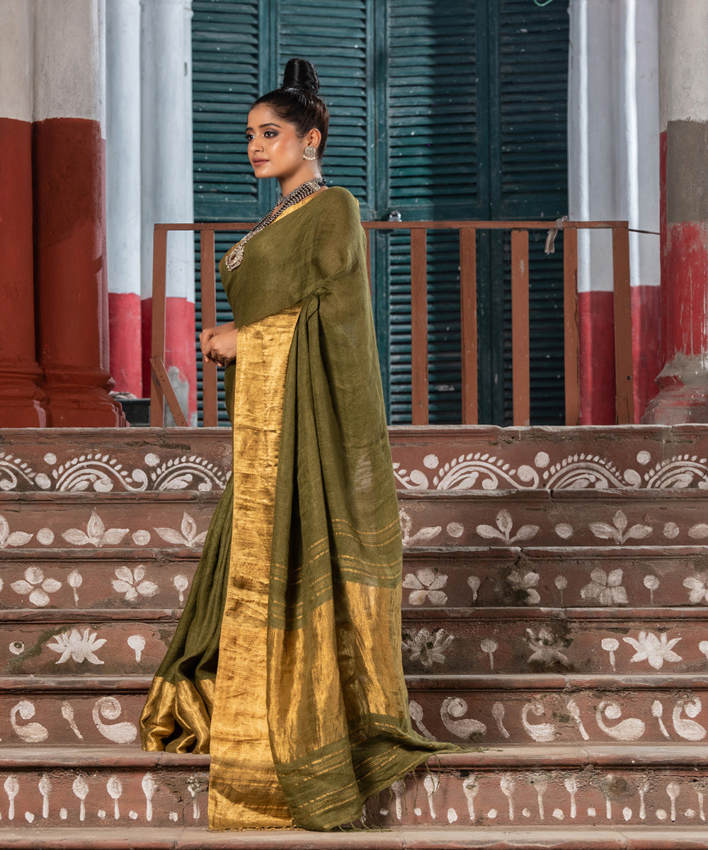 Dark army green linen handloom bengal saree