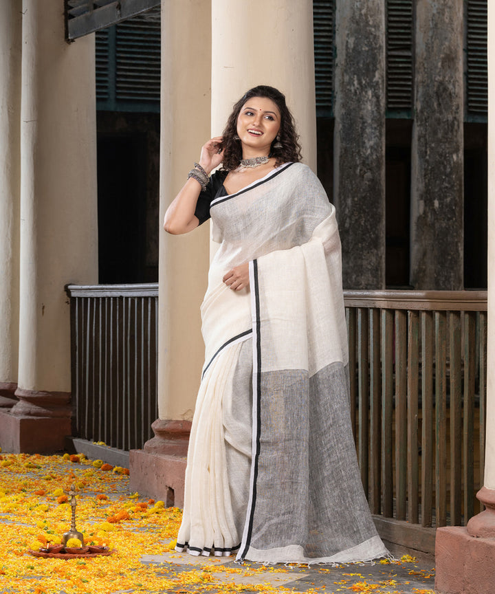 White black twill weave handwoven linen saree