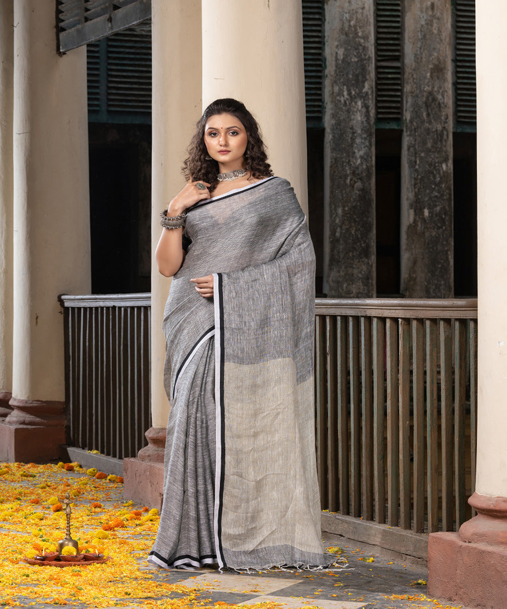 Grey black twill weave handwoven linen saree