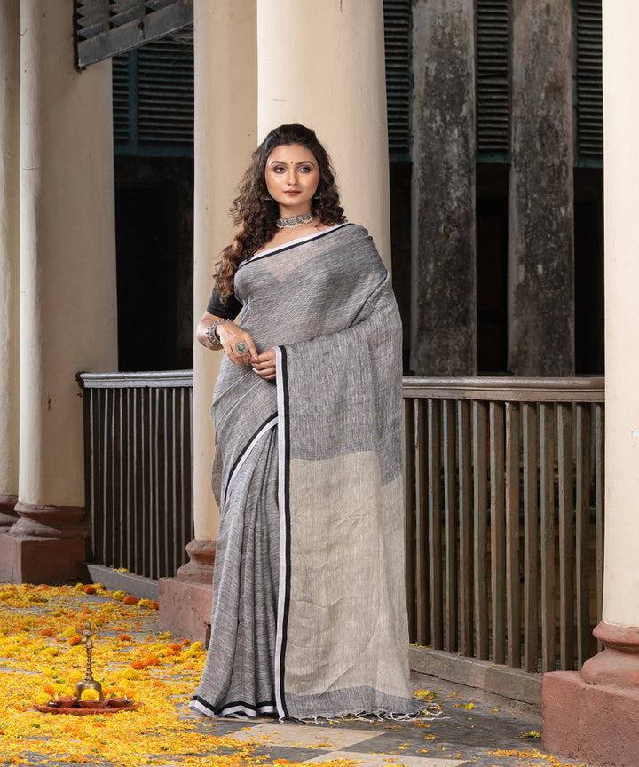 Grey handwoven bengal linen saree