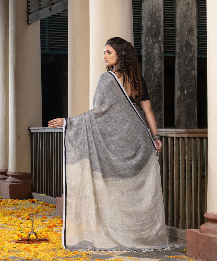 Grey black twill weave handwoven linen saree