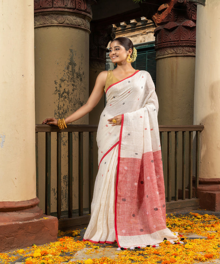White red handloom bengal linen saree